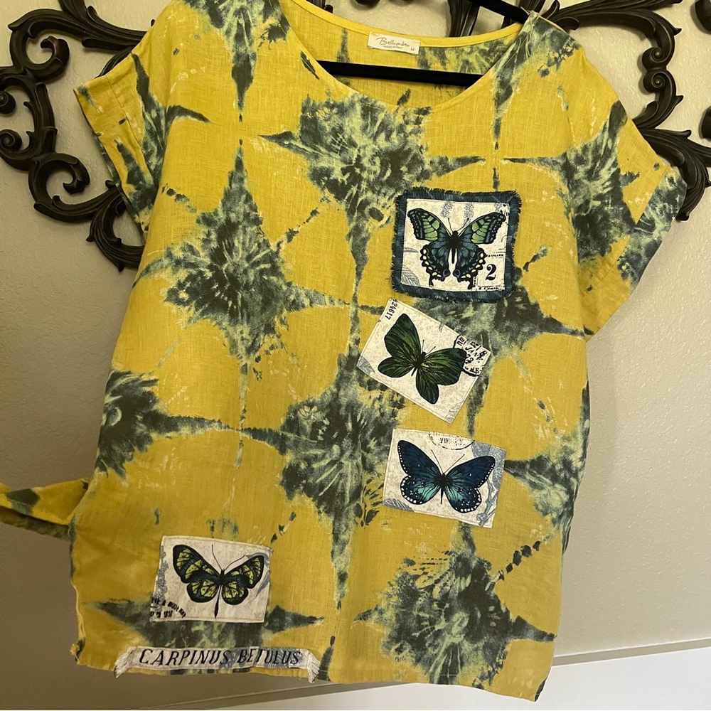 Upcycled Bellambra Linen Top OOAK Butterfly Appliqués Size Medium